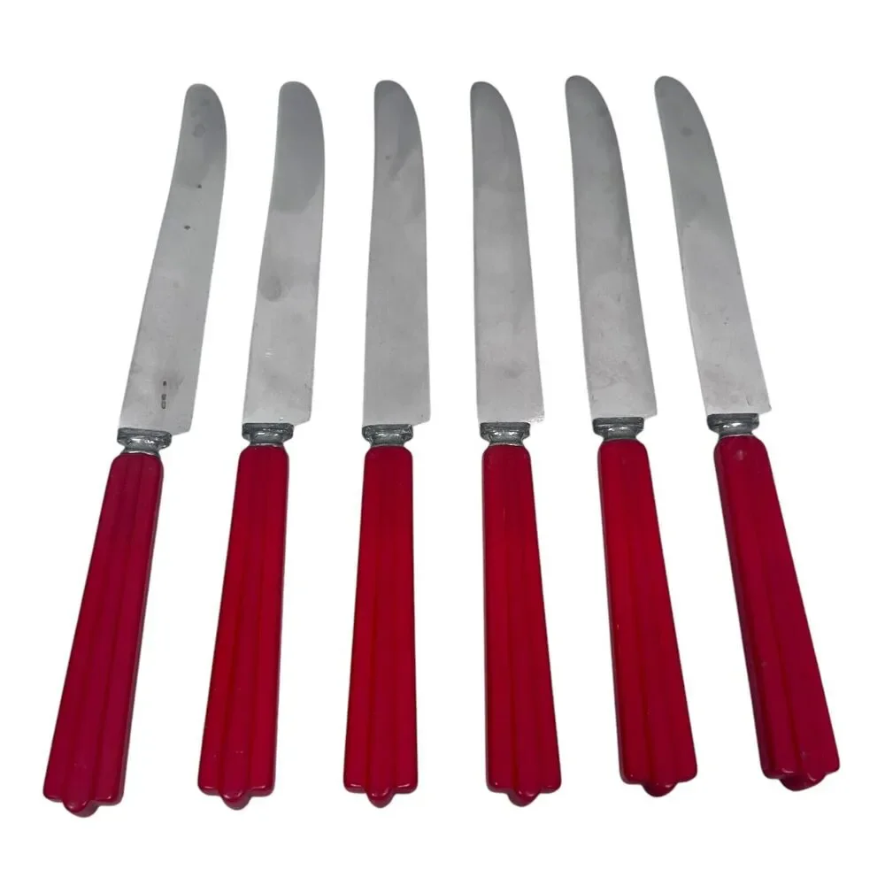 Vintage Betsy Ross Red Bakelite Handled Dinner‎ Knives Lot 6 Stainless Steel